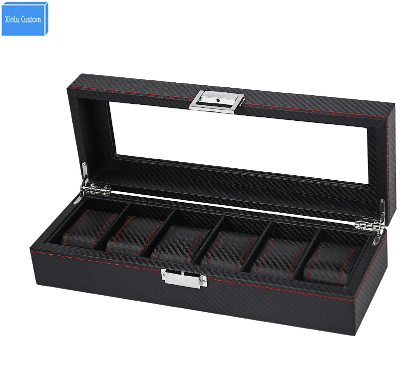 

2017 Luxury Black Stripe Knit Leather 6 Slots Jewelry Watches Display&Storage Retail Carbon Fiber Box Case Collect Be Well Box