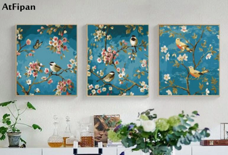 

AtFipan Newest 3 Panel Wall Art Picture Magpie Printed on Canvas Oil Painting by Number Diy digital pictures