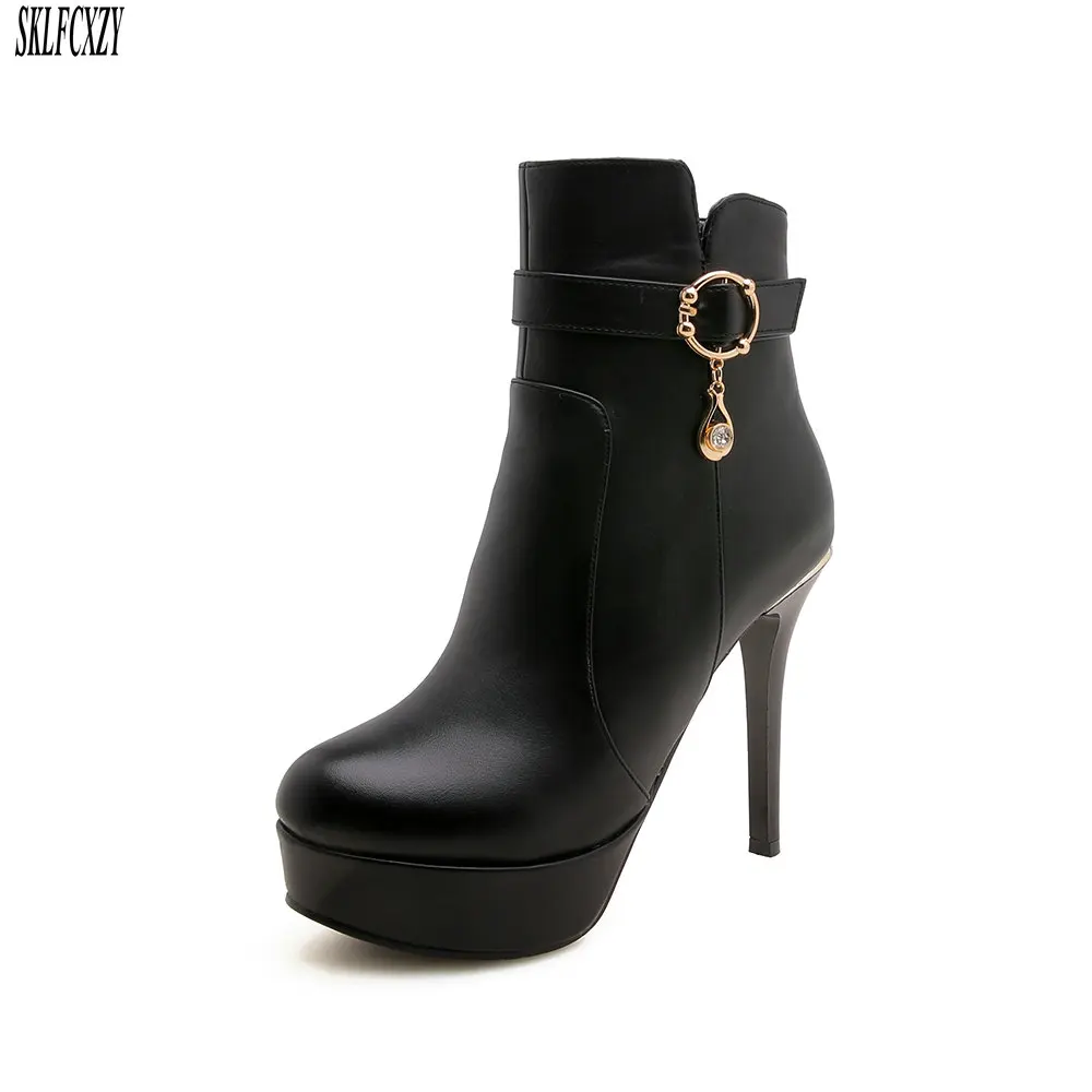 

SKLFCXZY New European autumn ladies leather warm ankle boots 12 cm high - heeled cowhide woman boots shoes women