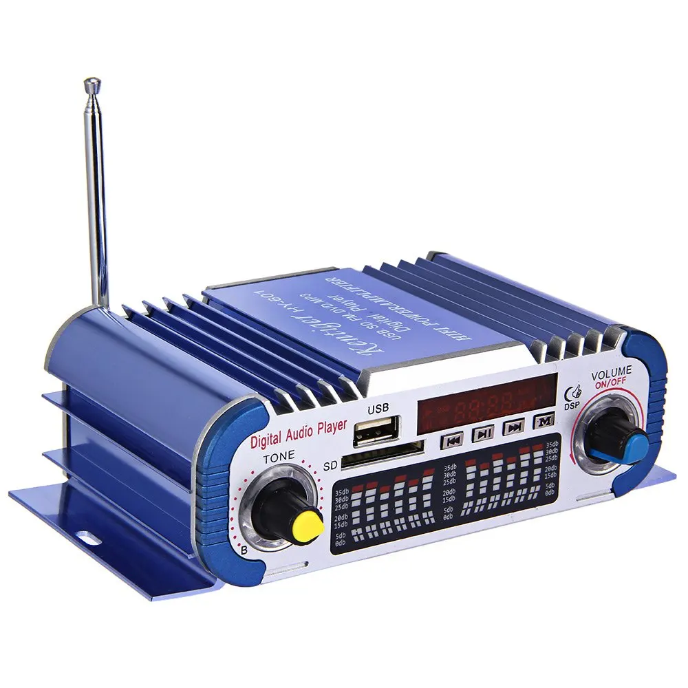 

USB FM Audio 12V LED Motocycle Car Stereo Amplifier Radio MP3 Speaker Hi-Fi 2 Channel Digital Display Power Play Support CD DVD