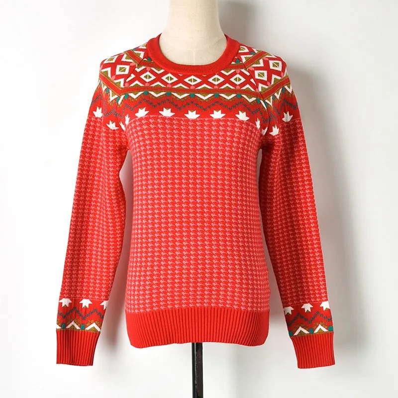

2018 Winter Thick Crew Neck Sweater Women Contrast Color Geometric Arrow Houndstooth Knit Sweater Women Christmas Sweater Tops