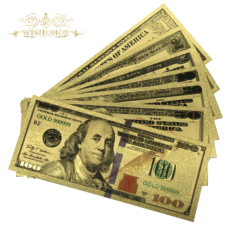 Лучшая цена за полный набор 7 шт США$1-100 долларовая Золотая банкнота красочный мир деньги для сувениров, золотые банкноты Прямая поставка