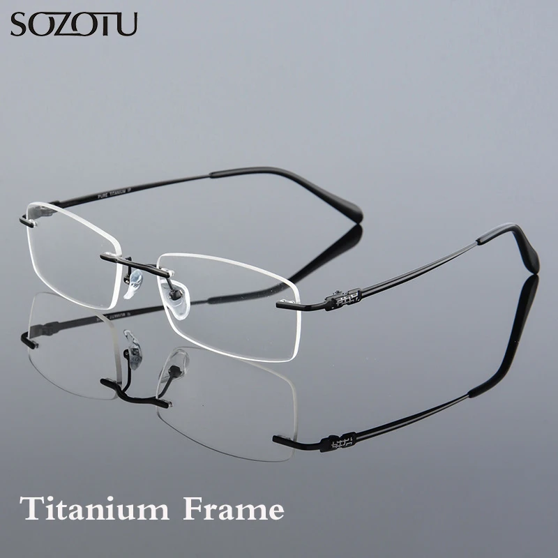 

SOZOTU Spectacle Frame Eyeglasses Men Computer Optical Pure Titanium Rimless Clear Lens Glasses Frame For Male Eyewear QF231
