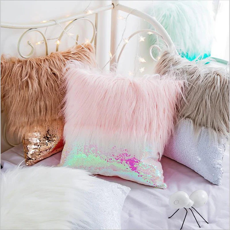 

Faux Fur Patchwork Sequin shine pillow Cushion Cover 45 cm Long hair Modern Fashion Home Decoration