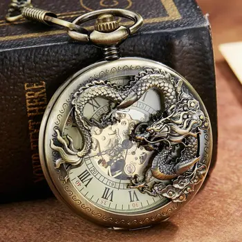 

2020 Bronze Vintage Mechanical Chinese Dragon Design Pocket Watch Men Retro Steampunk Fob Hand Watch Chain Necklace for Men Boys