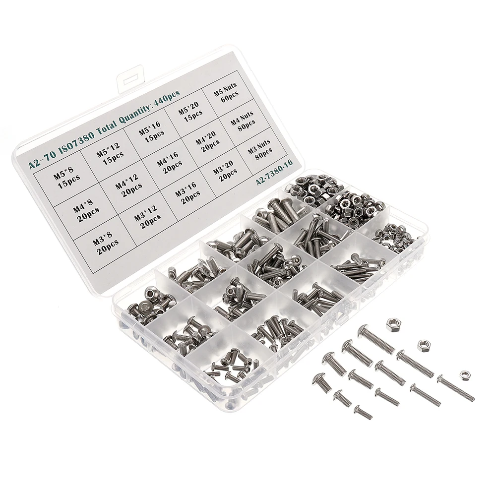 

440Pcs A2 Stainless Steel M3 M4 M5 Round Head Hex Socket Screw Bolt Nut Assorted Set with Box New