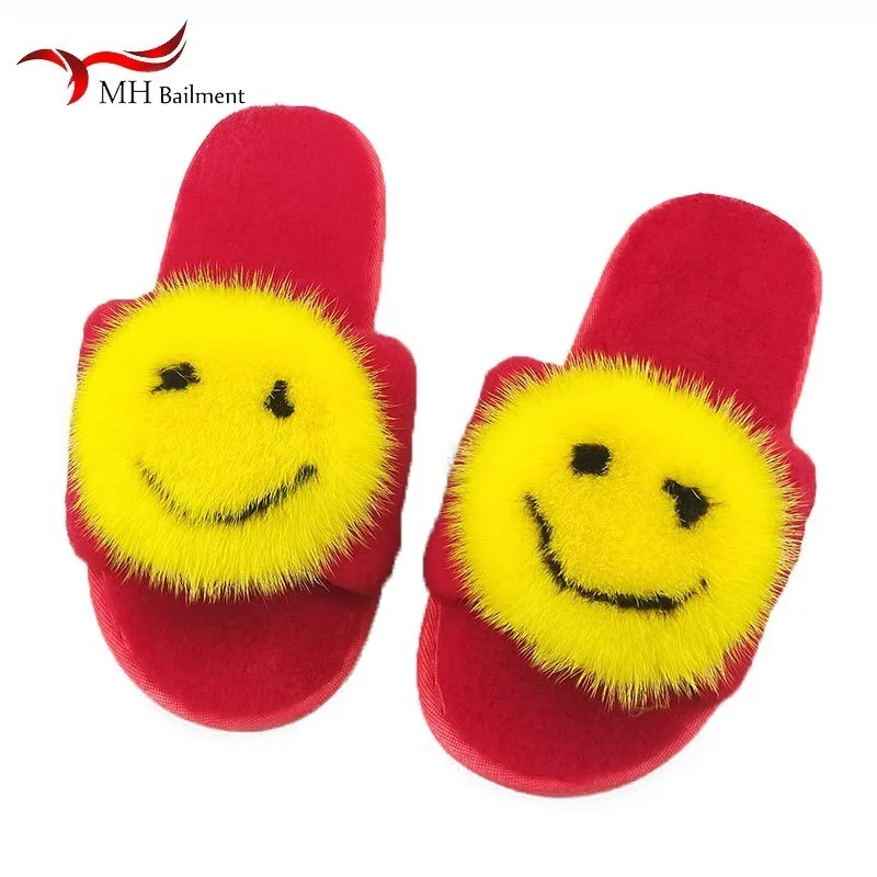 

New autumn winter female sheep shearing fur one home cotton shoes non-slip thick warm warm bottom water smiley face slippers J13