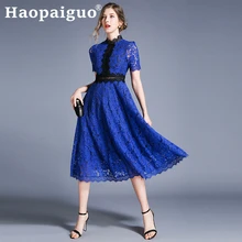 S-XXL Plus Size Hollow Out Blue Lace Dress for Women Patchwork Big Swing Loose Elegant Dress Women Floral Summer Dress 2019 S-XXL Plus Size Hollow Out Blue Lace Dress for Women Patchwork Big Swing Loose Elegant Dress Women Floral Summer Dress 2019