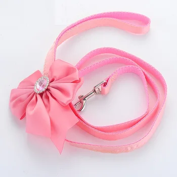 

10sets/lot Pet double layer nylon ribbon bow with oval drill dog with traction rope Dog cat leash Leashes