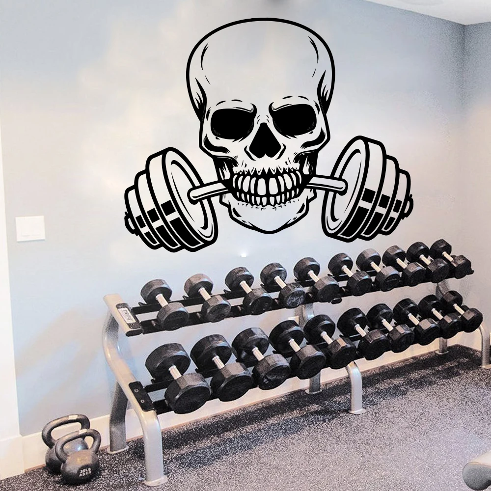 Large Skeleton Barbell Fitness Wall Sticker Gym Workout Skull Barbell Crossfit Sport Wall Decal Exercise Vinyl Decor (3)
