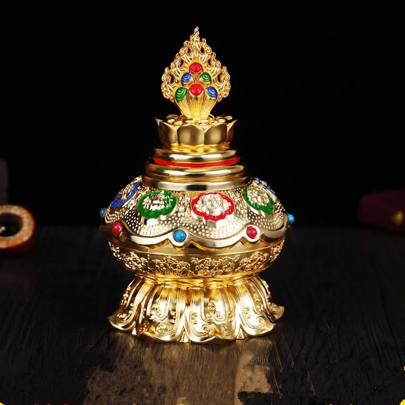 

14cm Gold Plating Buddhist Eight Auspicious Lotus Moni Wealth God Guanyin Treasure Tailsment Bottle for Temple Decorations