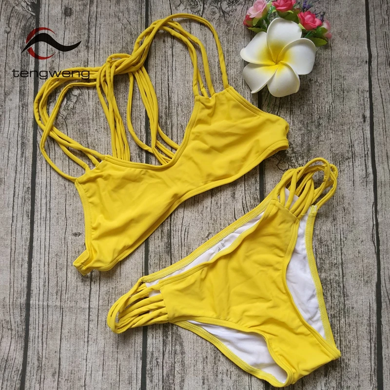 

Tengweng 2017 New Sexy No Chest Pad Two piece Bikini Yellow Cut out Ladies Swimwear Brazilian Swimsuit Cheap Female Bathing suit