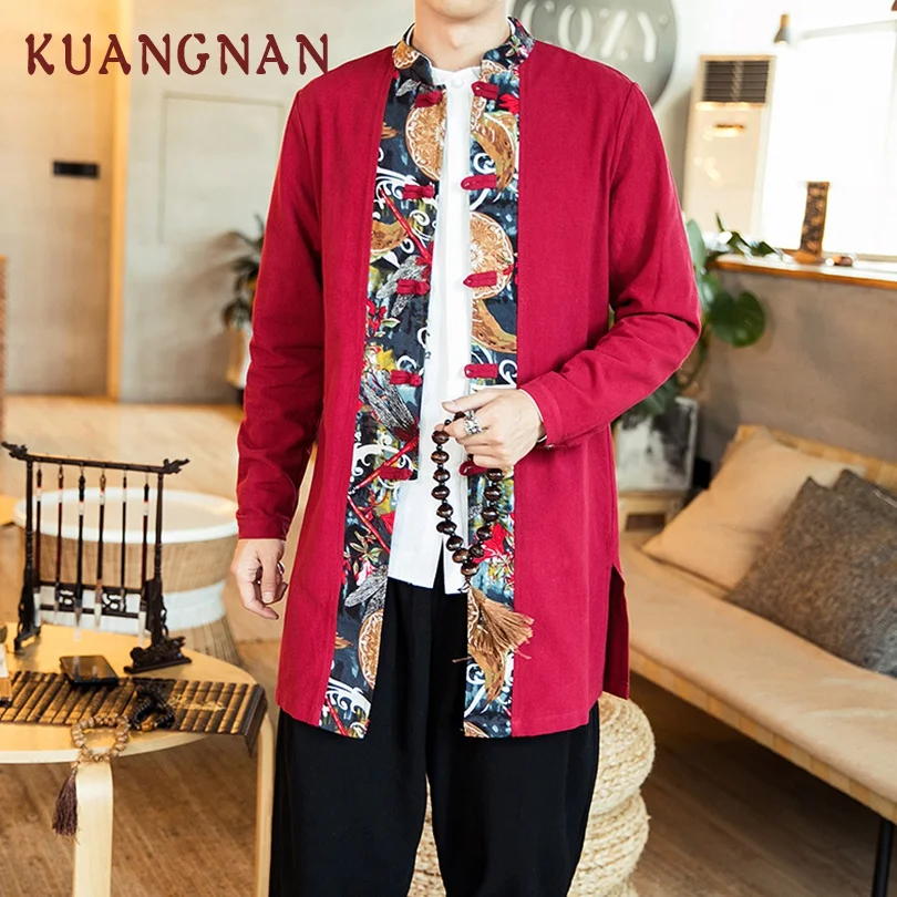 

KUANGNAN Chinese Patchwork Kimono Men Shirt Long Sleeve Japanese Streetwear Blouse Men Shirt Long Kimono Shirt Men Clothes 2018