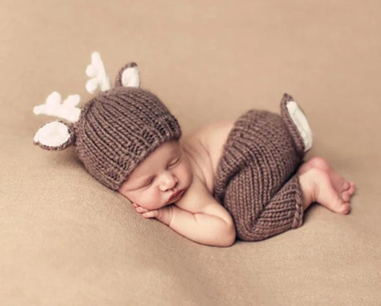 Trajes de Malha Conjunto do Bebê Recém-nascido Natal Festival Fotografia Adereços Veados Elk Design Bebê Infantil Chapéu Calças 2 Pçs Foto Acessórios 2 design bebê infantil trajes de malha chapéu
