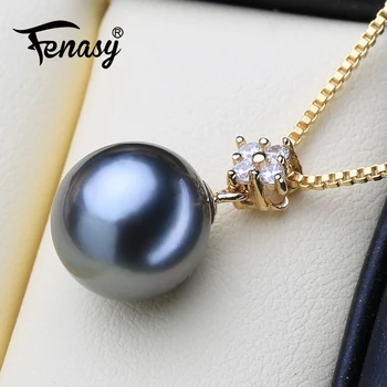 

FENASY 18K Gold Pendant Big Round Tahitian Black Pearl Elegant Dinner Party Wedding Engagement Jewelry Send With Silver Necklace