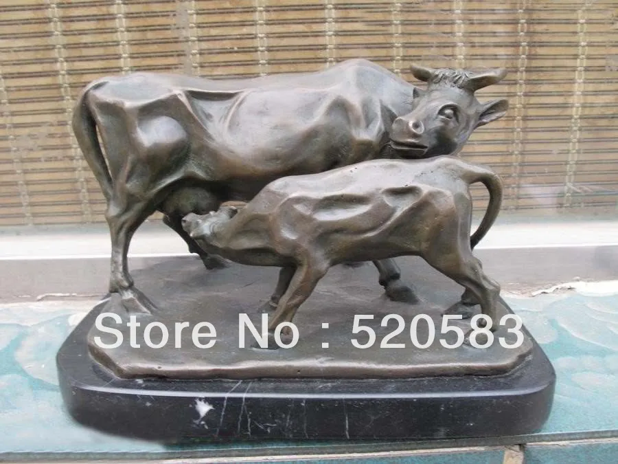 

Pure Bronze Marble statue Art Pasture ox bull Calf feeding Classic Sculpture