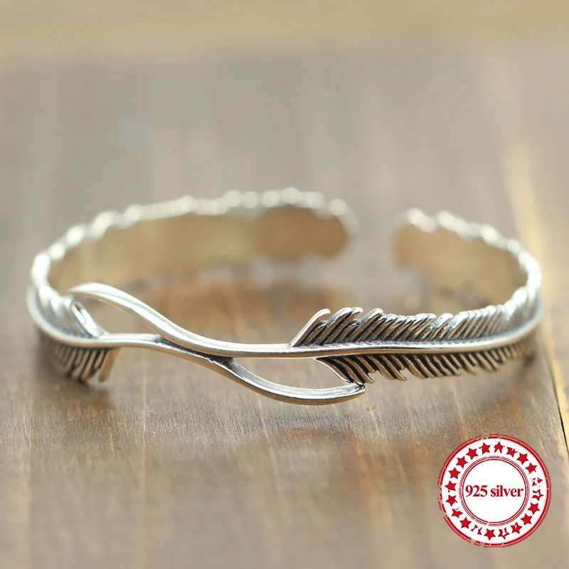 

S925 Sterling Silver Open Bangle personalized retro fashion Indian feather style high-end carved simple bracelet to send a gift