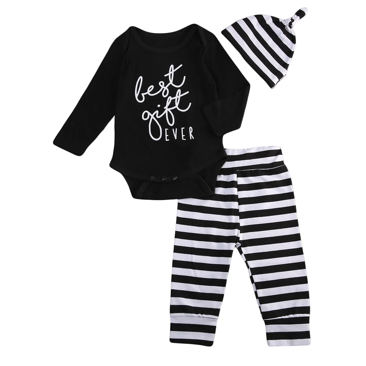 Newborn Baby Boy Girl Striped Clothes Set Long Sleeve Letter Romper