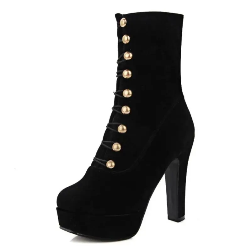 ZALAVOR/женские ботинки на Высоком толстом каблуке однотонные ботинки до середины икры с бусинами Женская модная офисная обувь на платформе Размер 32-48 - Цвет: Черный