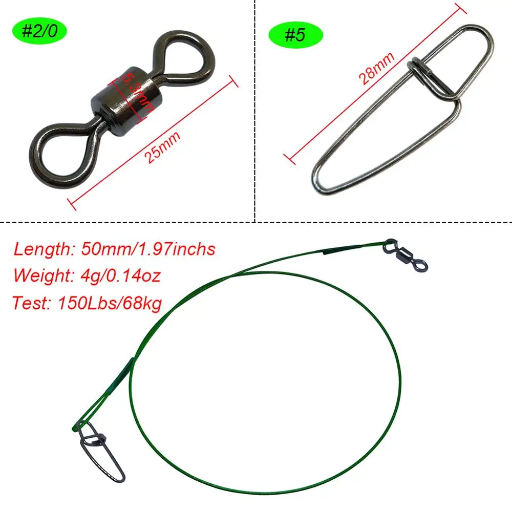 15 PCS SOLID STAINLESS STEEL WIRE LEADER 6/"//150 LBS TEST W//BALL BEARING SWIVEL