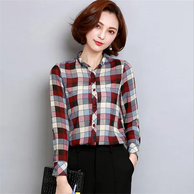 Plus Size 3XL Plaid Women Working Blouse 2017 Spring Turn Down Collar