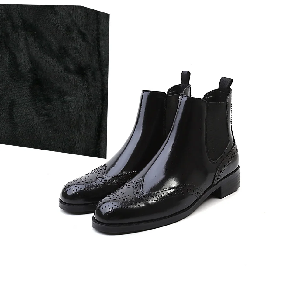 Kickway/; ботильоны «Челси» из натуральной коровьей кожи; женские туфли-оксфорды; женская обувь ручной работы в британском стиле; зимние ботинки в винтажном стиле; 42 - Цвет: Black  fur inside