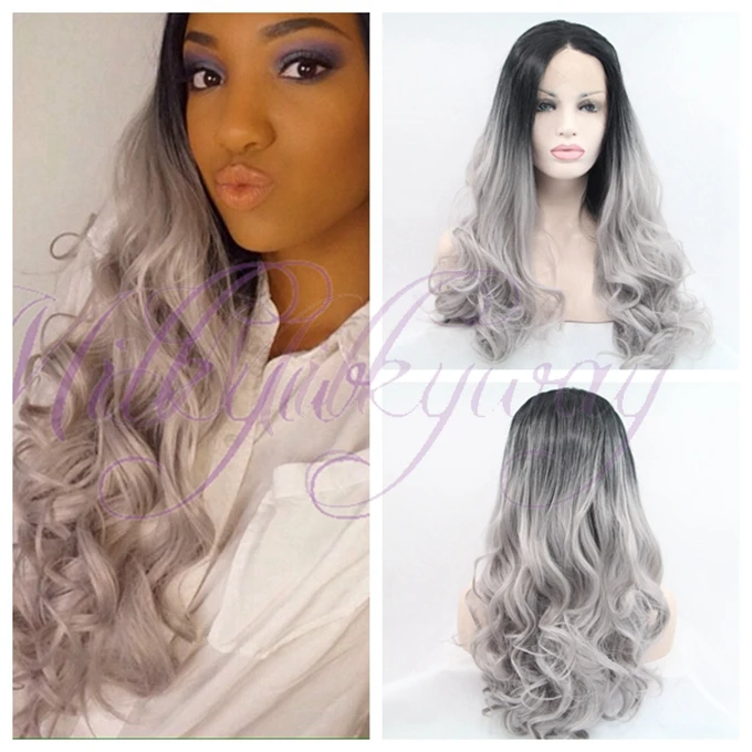 

Free Shipping black heat resistant fiber Natural Hairline black mixed gray/grey synthetic lace front wig for black wowen
