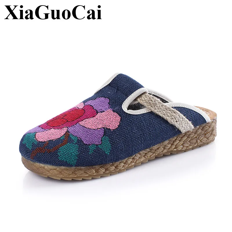 

Summer Shoes Women Slippers Breathable Flax Comfortable Slipper Soft Soles Ethnic Trend Embroider Non-slip Slippers Female Shoes