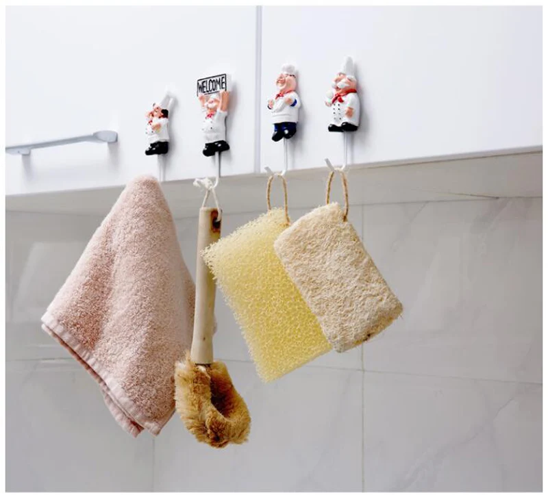 Resin Stainless Steel Hook Creative Wall Decoration Glue No Trace Hook Kitchen Bathroom Cute Chef Shape Strong Key Hooks (12)