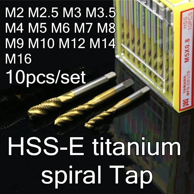 

M2 M2.5 M3 M3.5 M4 M5 M6 M7 M8 M9 M10 M12 M14 M16 Coarse teeth + fine teeth 10pcs/set HSS-E titanium spiral Tap Processing: stee
