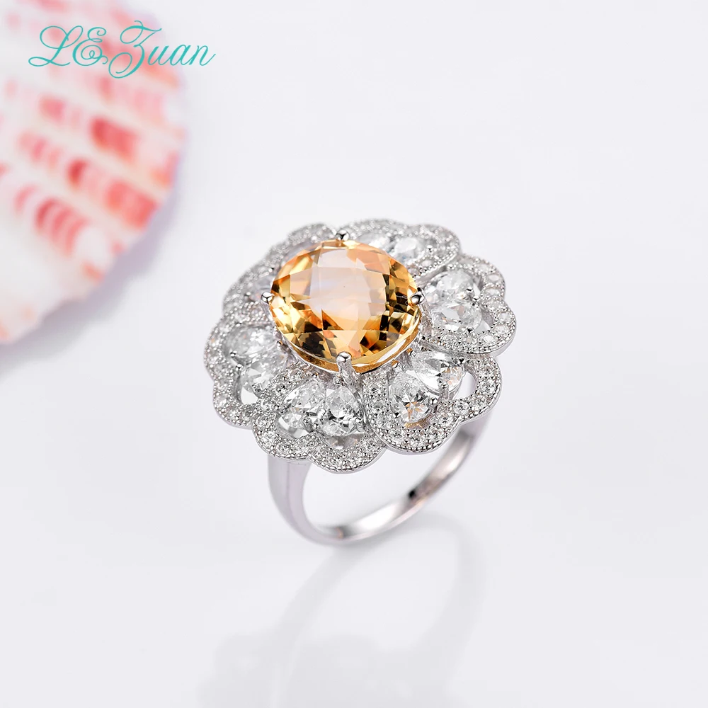I&zuan 4.65ct Natural Citrine Gemstone Ring 100% 925 Sterling Silver Jewelry Luxury Rings For Women Cluster Flower R0067-W05