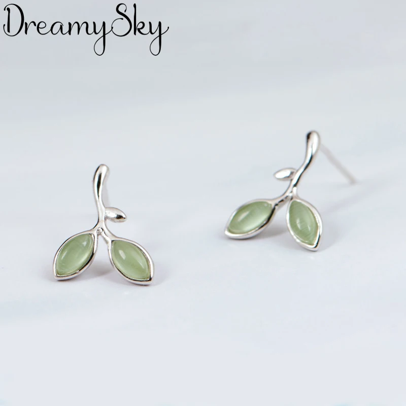 

DreamySky 925 Sterling Silver Fashion Opal Jewelry Leaf Stud Earrings For Women Brincos Pendientes Boucle d'oreille Femme Gifts