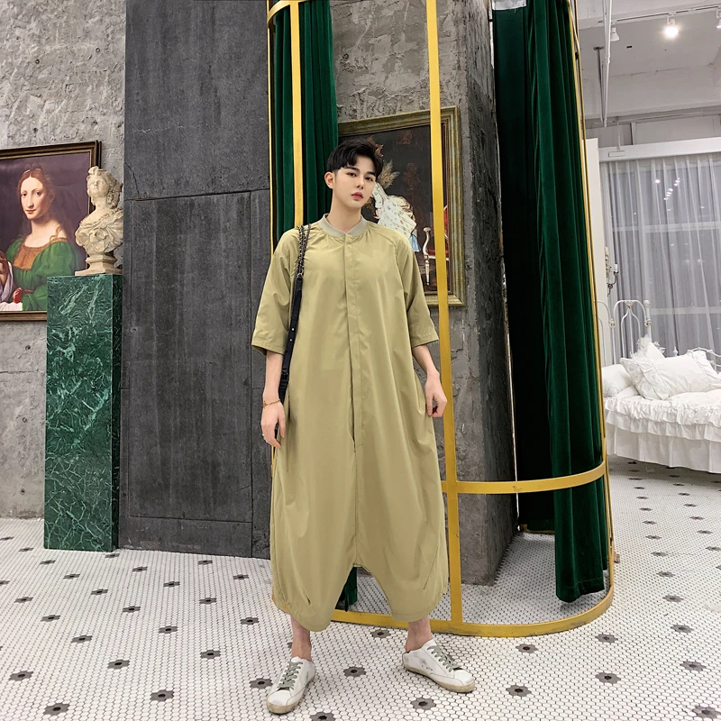 

MIXCUBIC 2019 spring England style green loose Romper pants men casual loose Rompers pants for men Overalls Rompers,M-2XL