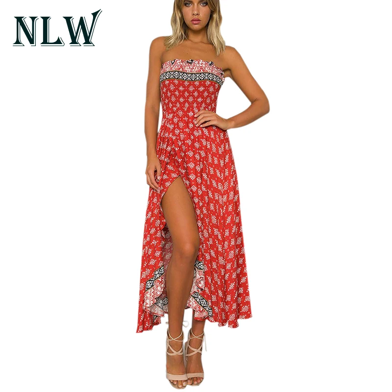 

NLW Off Shoulder Red Boho Floral Print Strapless Dress Women Sexy Summer Beach Split Maxi Long Dresses Backless Vestidos