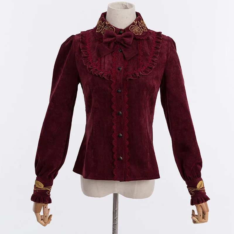 

Women Winter Warm Corduroy Blouse Lolita Floral Embroidery Collar Long Lantern Sleeves Shirt Victorian Vintage Top For Ladies