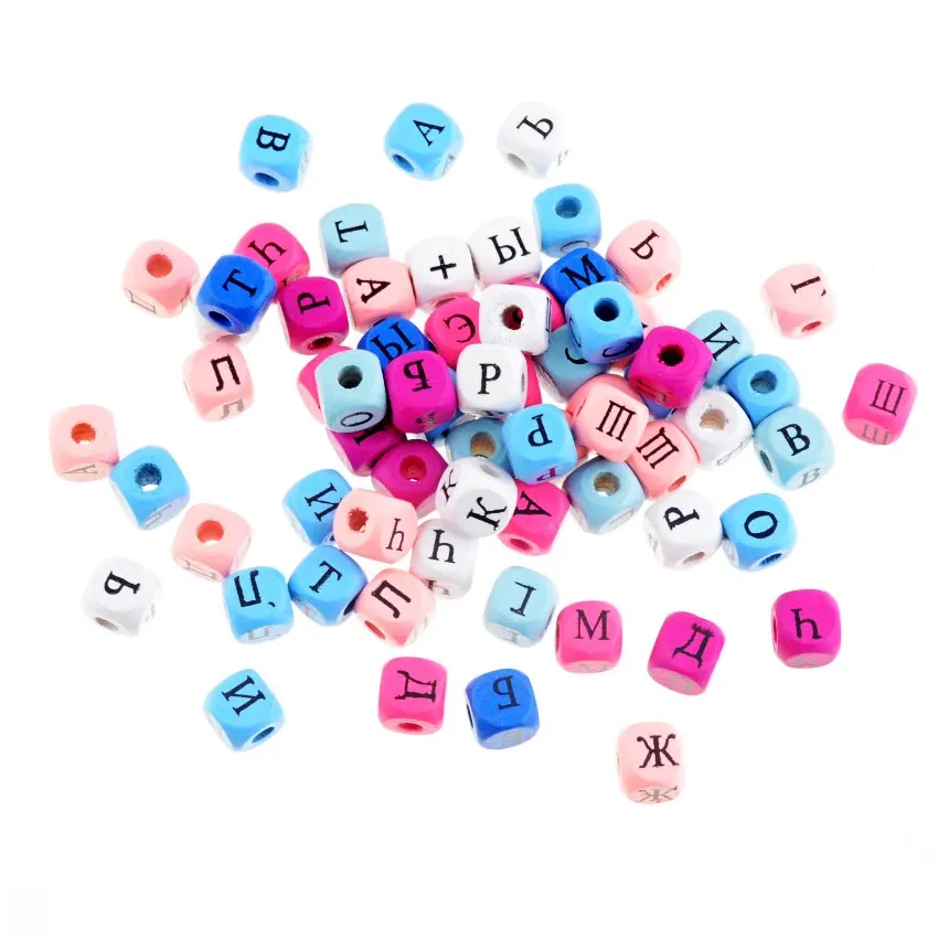 

Hot 100pcs 10mm Russian Alphabet Letter Square Charm Wood Spacer Beads Wooden Beads For Baby Smooth Jewelry Making DIY