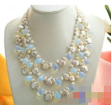 

huij 004544 3ROW WHITE ROUND COIN PEARL NATURE OPAL DRIP NECKLACE
