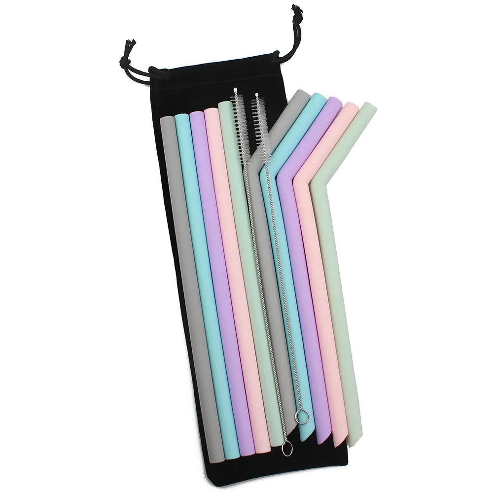 Cyan Reusable Silicone Drinking Straws Set Extra Long Flexible Straws with Cleaning Brush for 20/30 oz Tumbler Bar Party Straws