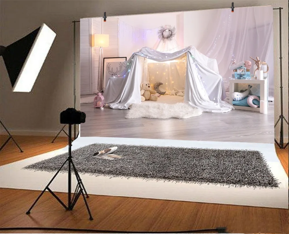 Laeacco Baby Room Curtain Tent Lamp Carpet Plush Toy Photography Backgrounds Customized Photographic Backdrops For Photo Studio