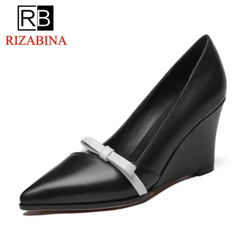 

RizaBina Size 33-42 Office Lady Real Genuine Leather Wedges Shoes Woman Bowknot Solid Color Wedges Pumps Party Club Women Shoe
