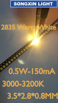 

1000pcs 2835 Warm White SMD LED Chip 0.5W 3V 150mA 50-55LM Ultra Bright SMT Surface Mount LED Chip Light Emitting Diode Lamp