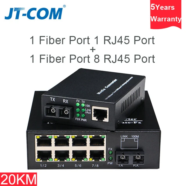 20/40/80KM 10/100M Fast Media Converter Fiber Optic to RJ45 1
