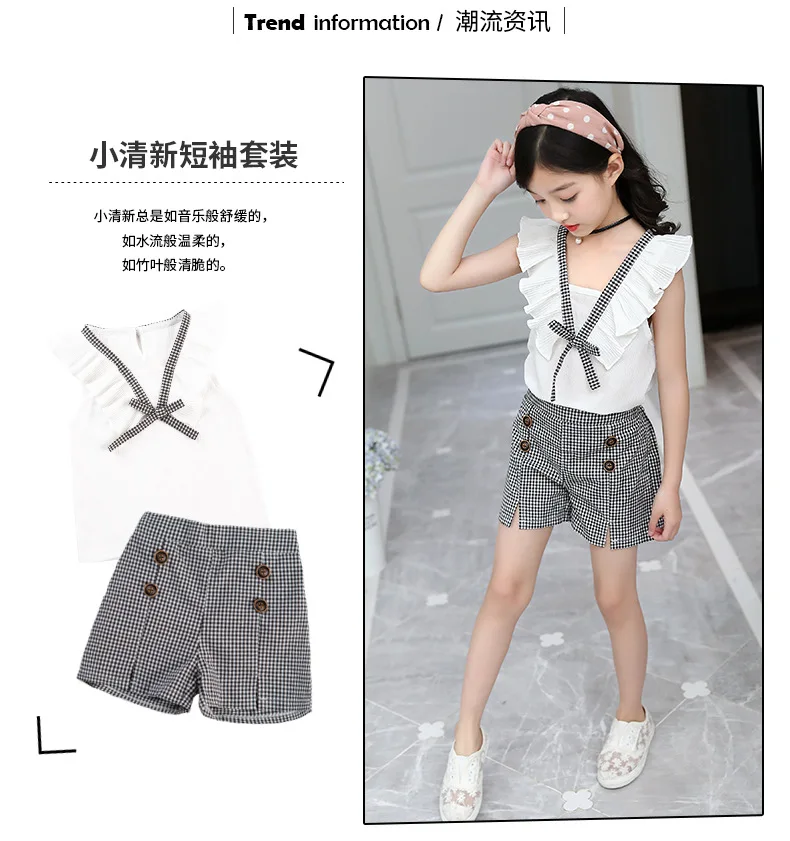 Casual Teen Girls Clothes 2019 New Summer Children Clothing Set Ruffles Tops Plaid Shorts 2Pcs Kids Suit For Girls Outfits 3-14Y (2)
