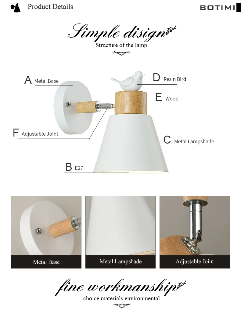 BOTIMI светодиодный настенный светильник Современный регулируемый настенный светильник для спальни металлический прикроватный светильник s белая птица настенный деревянный кухонный светильник