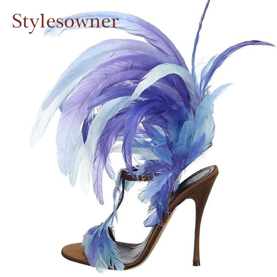 Stylesowner new design feather thin high heel sandals women open toe t strap buckle strap summer shoes lady runway style shoes stylesowner pearl decor chunky high heel peep toe women sandals for summer crystal buckle rivet beaded runway lady shoes pumps