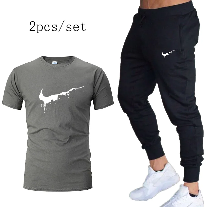 Лето, комплекты для бега, быстросохнущие дышащие футболки+ свободные Стрейчевые тренировочные штаны, спортивные костюмы для бега, фитнеса, тренировок