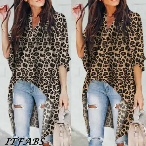Женская Повседневная блуза с v-образным вырезом и расклешенными рукавами, необычная рубашка с леопардовым принтом, топы, хит