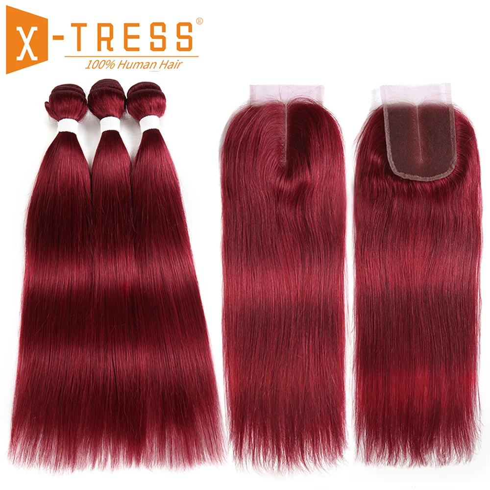 

Burgundy Red Brown Color Straight Human Hair Weave 3/4 Bundles With Lace Closure X-TRESS Brazilian Non Remy Hair Weft Extensions