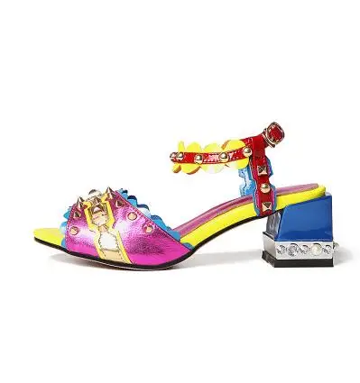 

Moraima Snc Woman Sandals Leather Patchwork Rivets Studded Thick Heels Shoes Sexy Peep Toe Ankle Strap Gladiaotr Dress Shoe