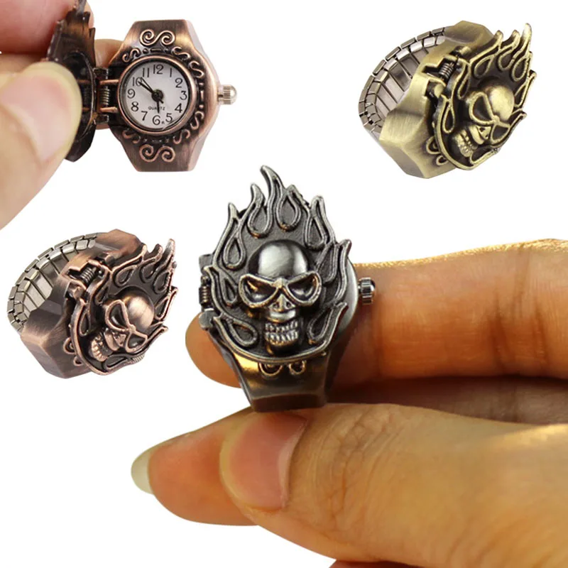 

Bronze Vintage Finger Ring Watch For Unisex Punk Trendy Fire Skull Ring Women Watches Jewelry Men Quartz Watchs Rings LB